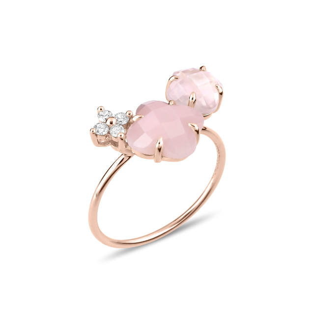 Bague bouquet opale et quartz rose et diamants or rose