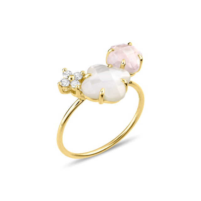 Bague bouquet nacre blanche et quartz rose et diamants or jaune