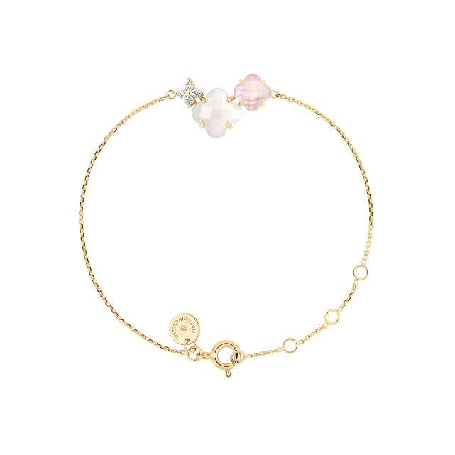 Bracelet bouquet nacre blanche et quartz rose et diamants or jaune