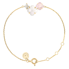 Bracelet bouquet nacre blanche et quartz rose et diamants or jaune