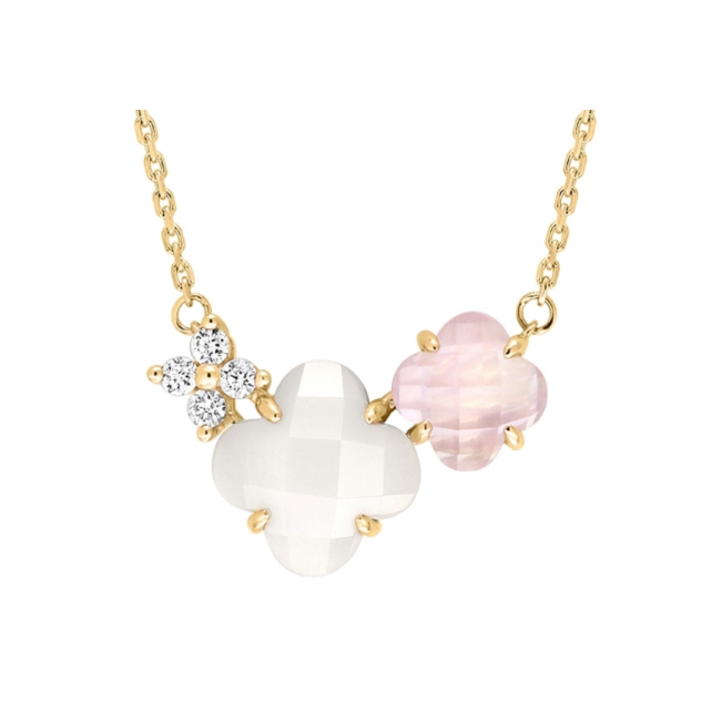 Collier bouquet nacre blanche et quartz rose et diamants or jaune