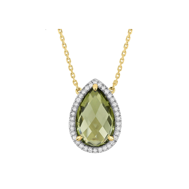 Coller Alma quartz olive et diamants or jaune