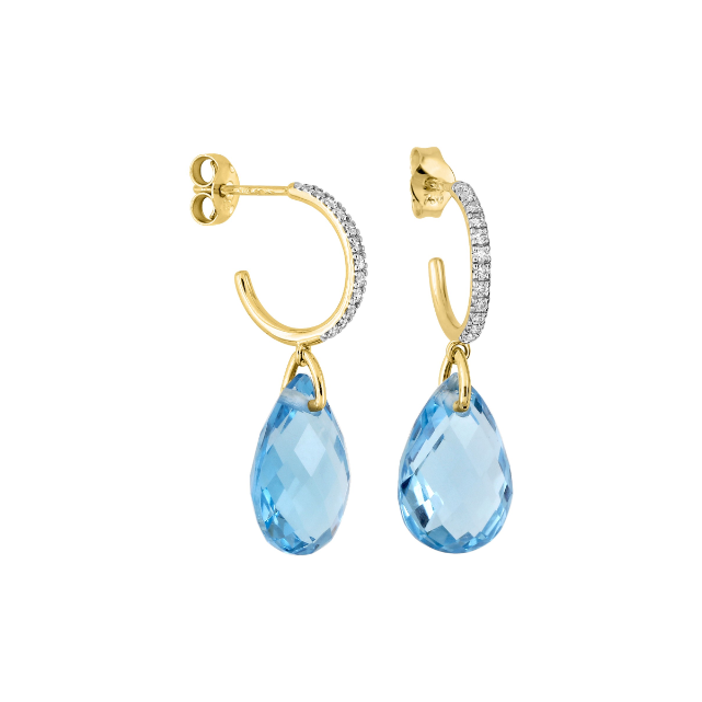 Boucles d'oreilles or jaune Alma topaze swiss blue et diamants