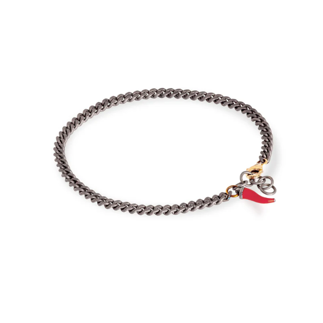 Bracelet gourmette fine titane or rose et charms rouge