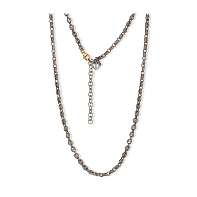 Collier chaîne maille marine bombée titane or rose et diamant noir