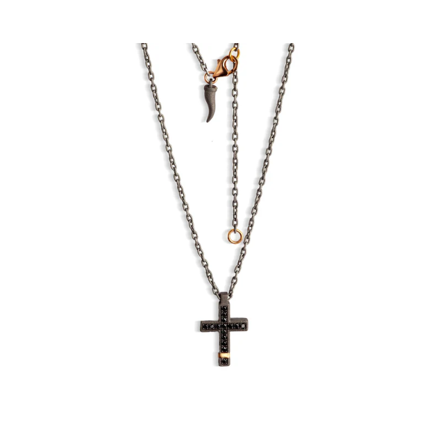 Collier croix titane or rose et diamants noirs